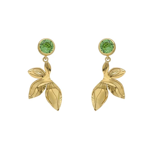 Brincos Longos em Prata de Lei 925 Dourada a 18 kt com Cristal Verde